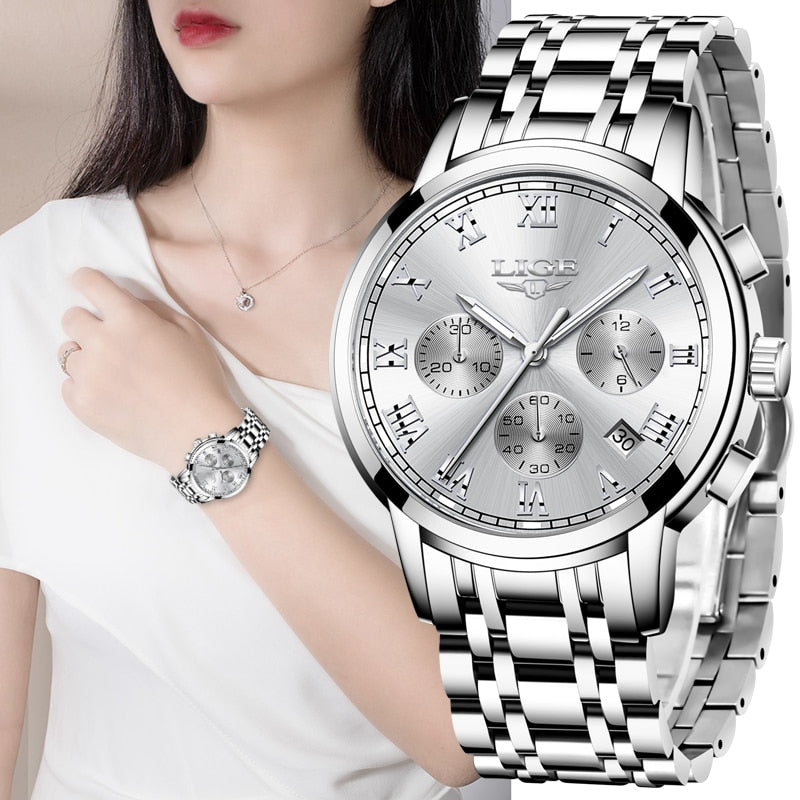 LIGE Relojes de pulsera de acero para mujer accesorio de lujo de marca superior creativo de cuarzo