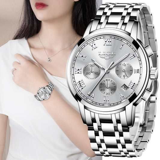 LIGE Relojes de pulsera de acero para mujer accesorio de lujo de marca superior creativo de cuarzo