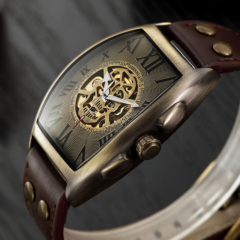Geekthink Reloj Mecánico Automático Esqueleto Transparente para Hombres con Correa de Cuero Genuino, de Marca de Lujo, Auto Cuerda, Estilo Retro"