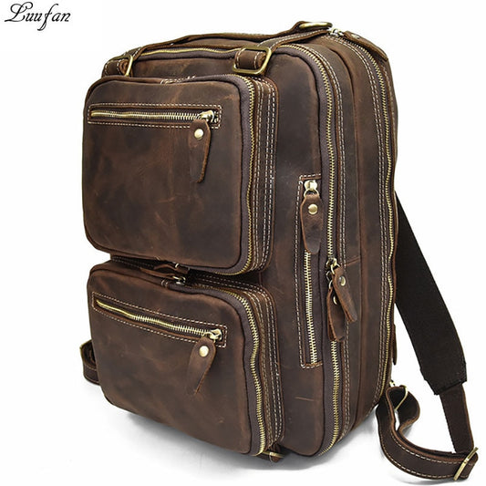 Crazy Horse Mochila De cuero genuino para ordenador porttil para hombre bolso de negocios de cuero de vaca de 3 capas