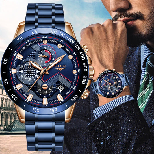 LIGE - 🕰️⌚💪 Reloj deportivo de lujo para hombres 💙💣👨  Cronógrafo de cuarzo y acero inoxidable ⏱️🔧💎  Color azul, estilo militar, a la moda 💙🎖️👨‍✈️  Resistente al agua 💧💦🌊