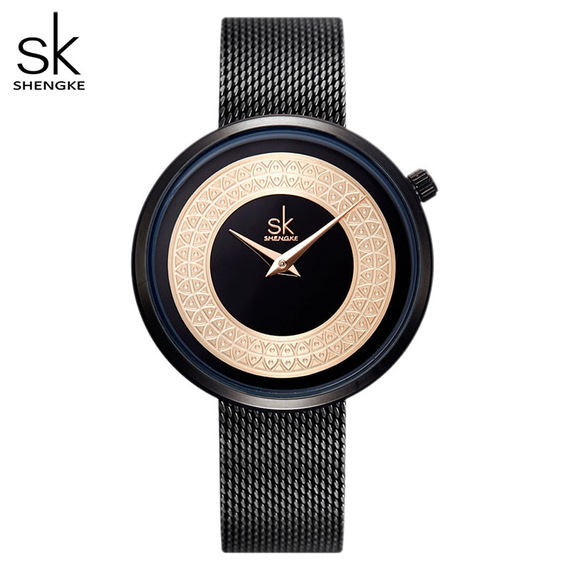 Shengke Reloj femenino con diseño de malla de metal, moda, vintage y lujo. Reloj de diseño clásico para mujeres de la marca de lujo.