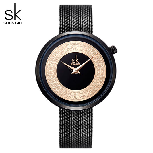 Shengke Reloj femenino con diseño de malla de metal, moda, vintage y lujo. Reloj de diseño clásico para mujeres de la marca de lujo.