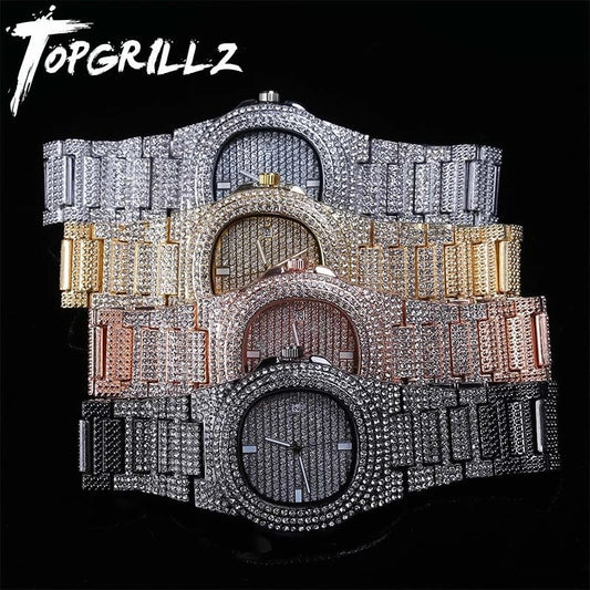 TOPGRILLZ con Incrustaciones en Cuadrante de Color Dorado, Estilo HIP HOP, Cuarzo y Acero Inoxidable con Micropave CZ. Reloj de Moda Relojio."