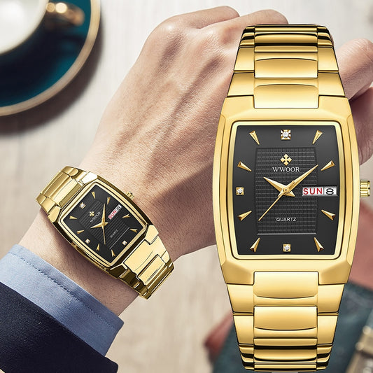 WWOOR ¡Presentamos el "Reloj Dorado de Lujo" para hombres con un nuevo diseño! Fabricado en acero inoxidable, es resistente al agua y cuenta con un calendario y mecanismo de cuarzo. ¡El complemento perfecto para cualquier ocasión! ⌚✨