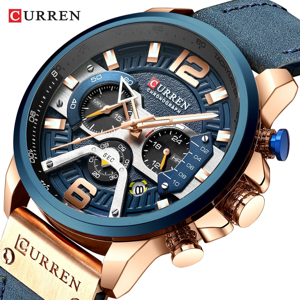 CURREN-relojes para hombre, con estilo informal y militar de lujo, cuenta con un cronógrafo de moda con correa de cuero. Con Caja ideal para regalar.