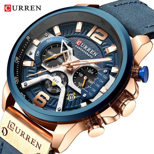 CURREN-relojes para hombre, con estilo informal y militar de lujo, cuenta con un cronógrafo de moda con correa de cuero. Con Caja ideal para regalar.