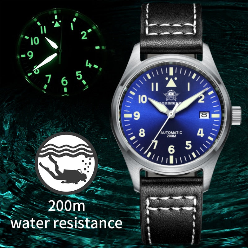 Addies Reloj de buceo mecánico para hombre, pulsera de cuero con cristal de zafiro, reloj de piloto de negocios, NH35, automático, resistente al agua hasta 200M