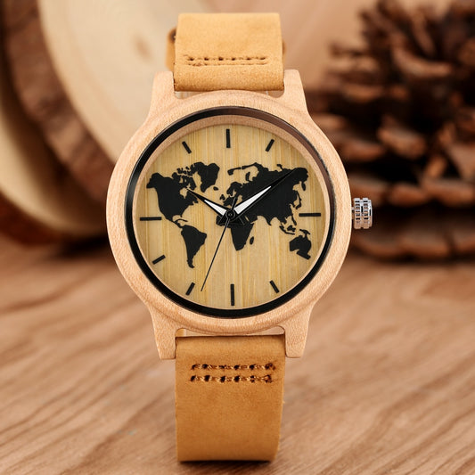 🌍 Reloj de Madera con Mapa Mundial Tallado para Hombres 🕰️, Reloj de Moda de Madera de Bambú 🎋, Reloj de Pulsera de Cuarzo Retro con Correa de Cuero Marrón 🏞️, Esfera con Escala de Reloj ⏱️.