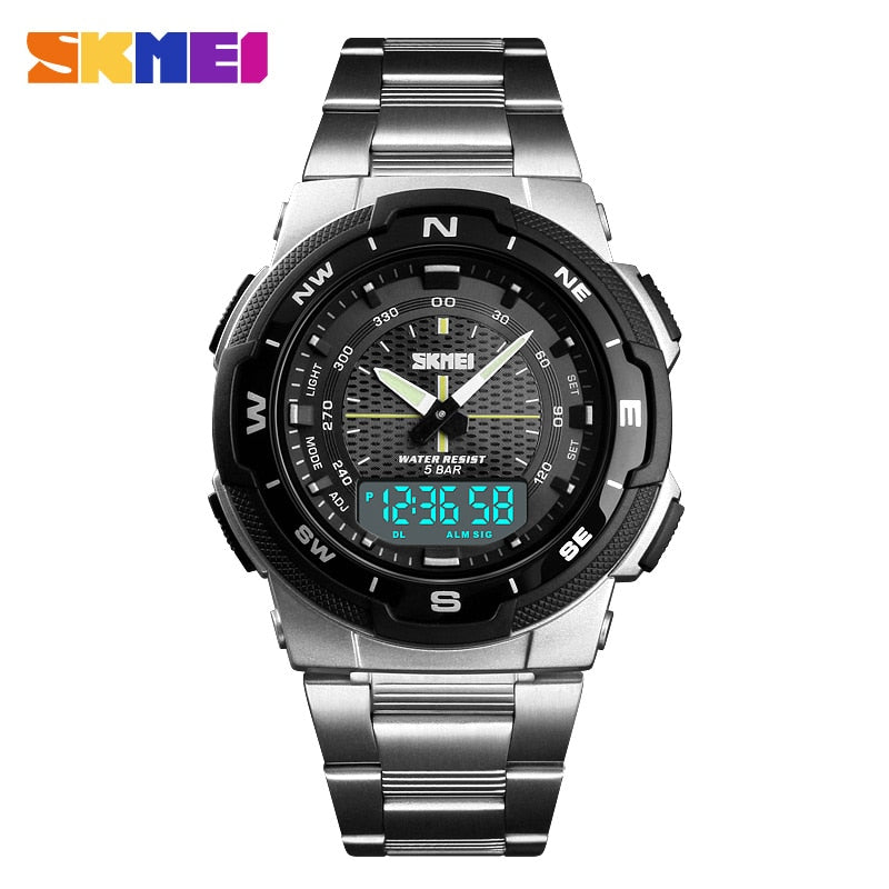 SKMEI Reloj SKMEI para hombre con estilo deportivo y de lujo. Correa de acero inoxidable y resistente al agua. Reloj de cuarzo de moda, perfecto para negocios.