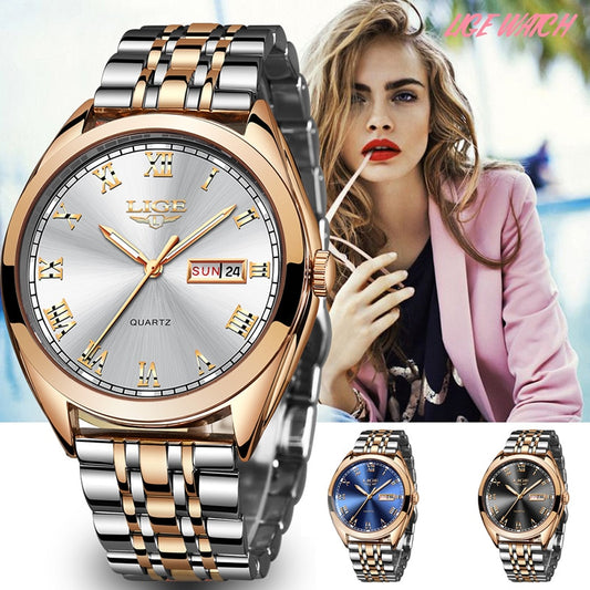 2021 ⌚ LIGE Nuevo Reloj de Mujer en Oro Rosa 💼🌹 Reloj de Cuarzo de Negocios para Mujeres, Marca de Lujo Superior ⌚👩 Reloj de Pulsera Femenino 🕰️👧 Reloj Elegante Relogio Feminino 💫
