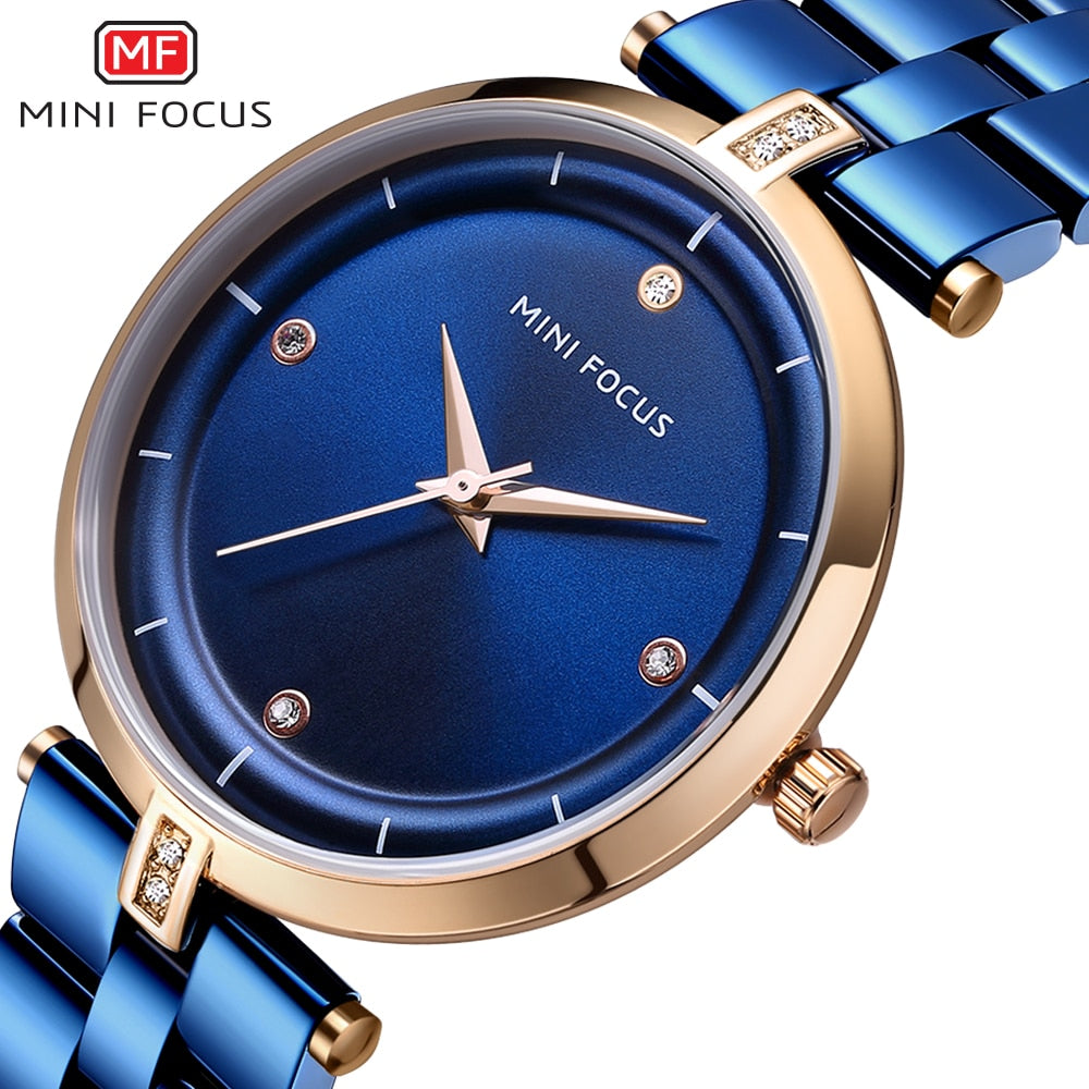 MINI FOCUS-Relojes de cuarzo de lujo para mujer, pulsera de acero inoxidable en color azul, dorado, negro y oro rosa, con ancho de banda de 18mm y resistente al agua