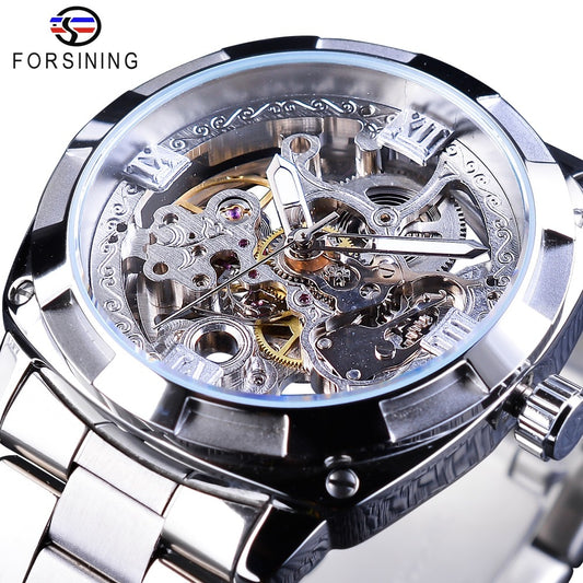 Forsining-relojes de plata con cierre plegable para hombre, relojes automáticos de Seguridad, de lujo, transparentes, manos luminosas