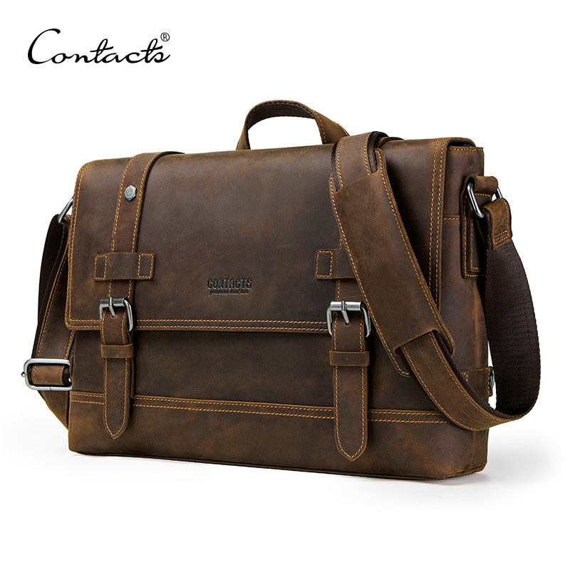 CONTACT'S-Bolso crazy horse de piel auténtica para hombre, bandolera vintage para ordenador portátil, bolso cruzado