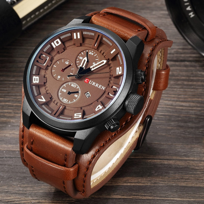 Curren-reloj analógico con correa de cuero para hombre, accesorio de pulsera de cuarzo resistente al agua con calendario, complemento Masculino deportivo de marca de lujo con diseño militar, 8225