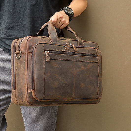 👜 Maletín de Cuero Crazy Horse para Hombre 🐎, Bolso de Negocios de Diseñador Vintage 👔, Maletín para Ordenador Portátil 💻