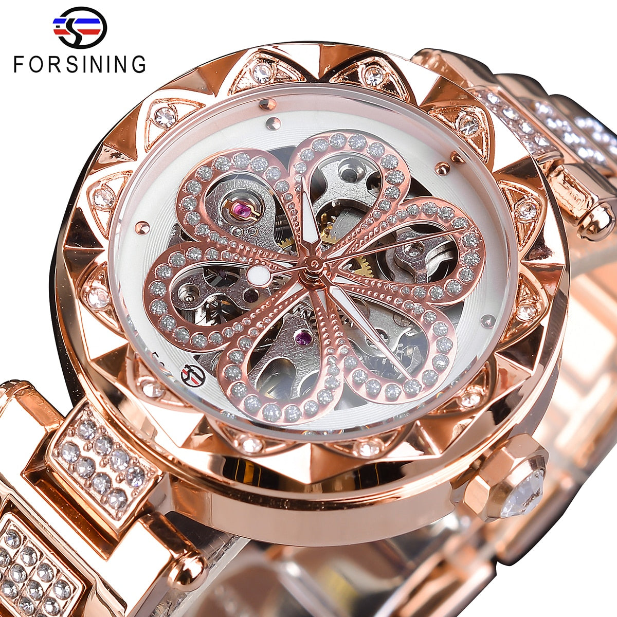 Forsining Reloj mujer, cronógrafo mecánico, resistente al agua, con diamantes y luminoso.