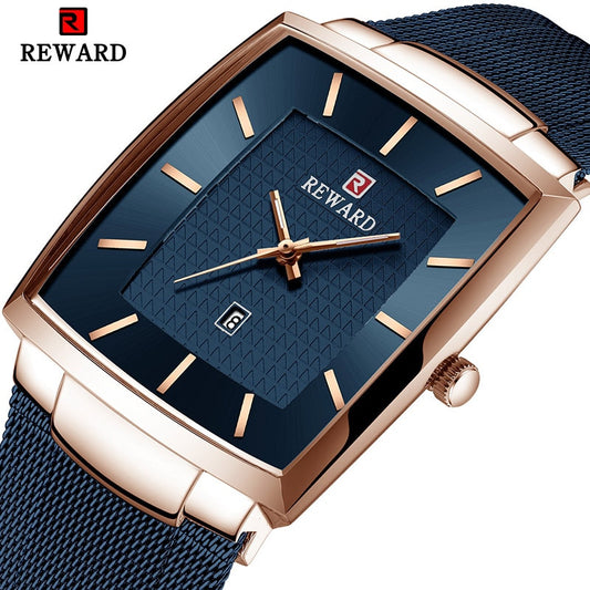 REWARD Reloj de Hombre de Marca Superior 👔 Negocio Relogio Masculino ⌚ Cuadrado de Cuarzo Reloj de Hombre 👨 Pulsera de Acero Completo 💦 Resistente al Agua. Con caja de regalo