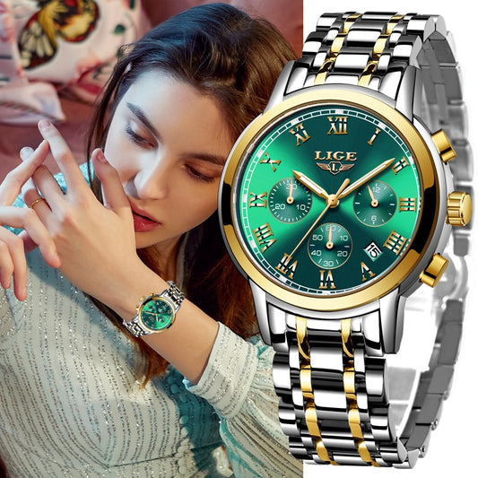 LIGE - ⌚️ Relojes de cuarzo de marca para mujer, accesorio de oro rosa, reloj de cuarzo de moda, a prueba de agua, estilo femenino. 💁‍♀️💕