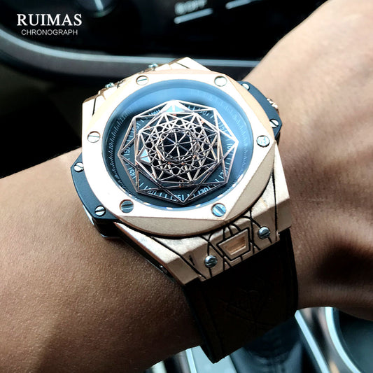 RUIMAS - Reloj deportivo de lujo para hombre, con estilo militar y correa de cuero. ¡El complemento perfecto para tus aventuras y actividades deportivas! 💪🏃‍♂️