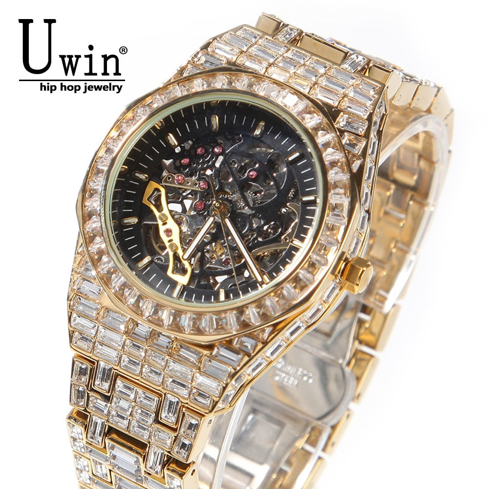 Uwin-reloj HIP- HOP totalmente mecánico de acero inoxidable para hombre, resistente al agua, con diamantes minimalistas, diseño clásico
