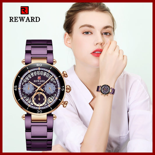 REWARD Reloj de pulsera de recompensa para mujer, cronógrafo con fecha de viaje a la moda, resistente al agua, informal, de cuarzo