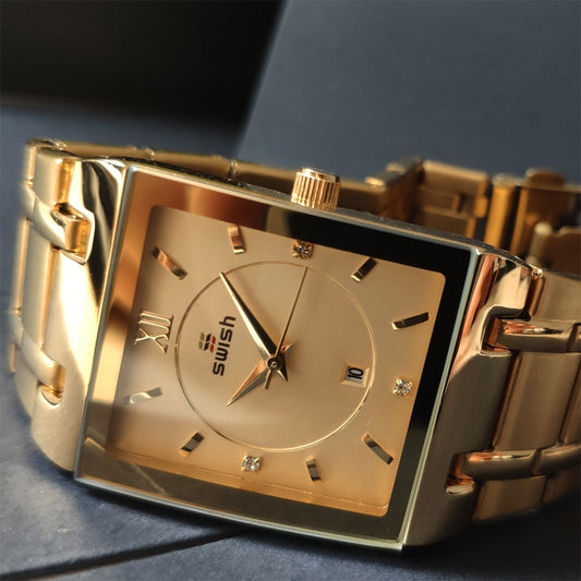 SWISH "Reloj de Pulsera de Lujo para Mujer, Elegante y Dorado. Moda de Reloj Cuadrado con Movimiento de Cuarzo. Reloj Femenino con Diamantes, de Marca Top de Lujo."