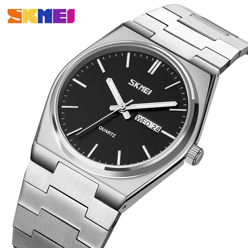 SKMEI Reloj deportivo para hombres SKMEI, estilo casual con movimiento de cuarzo, diseño de acero completo, muestra la hora, semana y fecha. Resistente al agua y adecuado para negocios y actividades deportivas. 👨‍💼⌚️💦