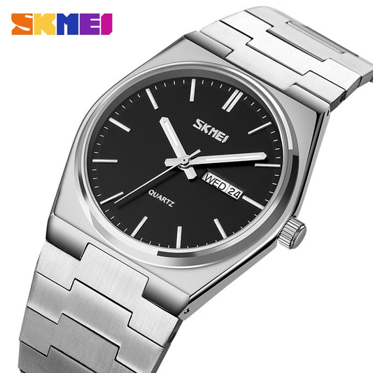 SKMEI Reloj deportivo para hombres SKMEI, estilo casual con movimiento de cuarzo, diseño de acero completo, muestra la hora, semana y fecha. Resistente al agua y adecuado para negocios y actividades deportivas. 👨‍💼⌚️💦
