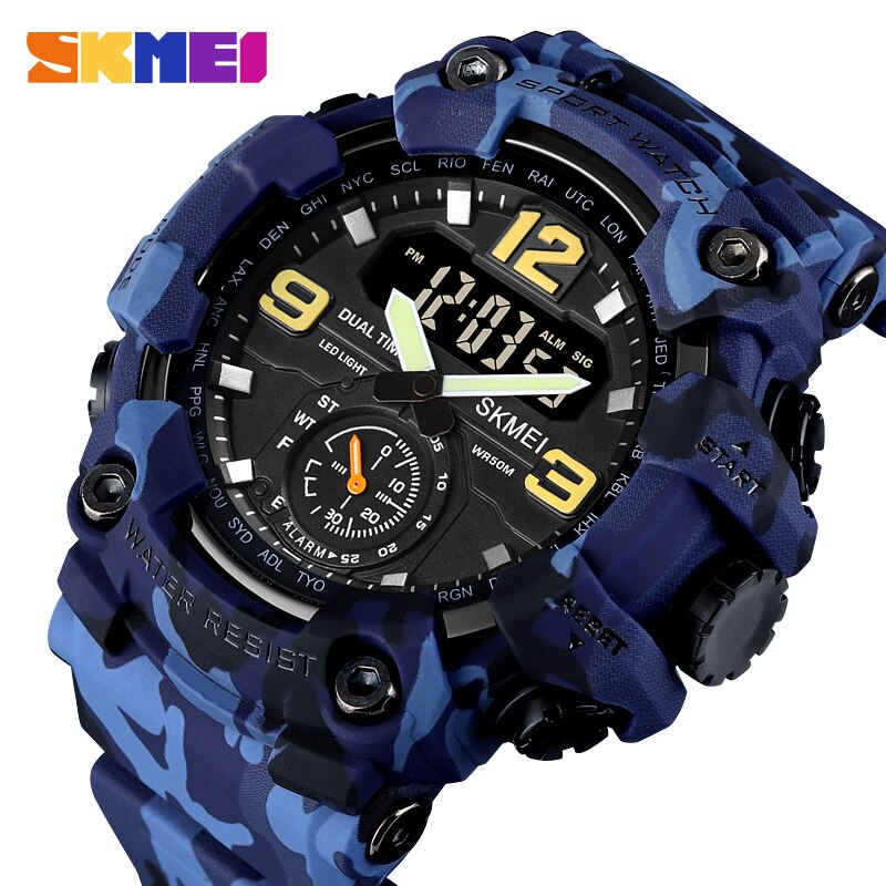 SKMEI Reloj digital multifuncional SKMEI para hombres con doble movimiento, que muestra 3 zonas horarias. Resistente al agua y perfecto para actividades deportivas. ¡Mantente siempre a tiempo con este reloj electrónico! ⌚️🏃‍♂️💦