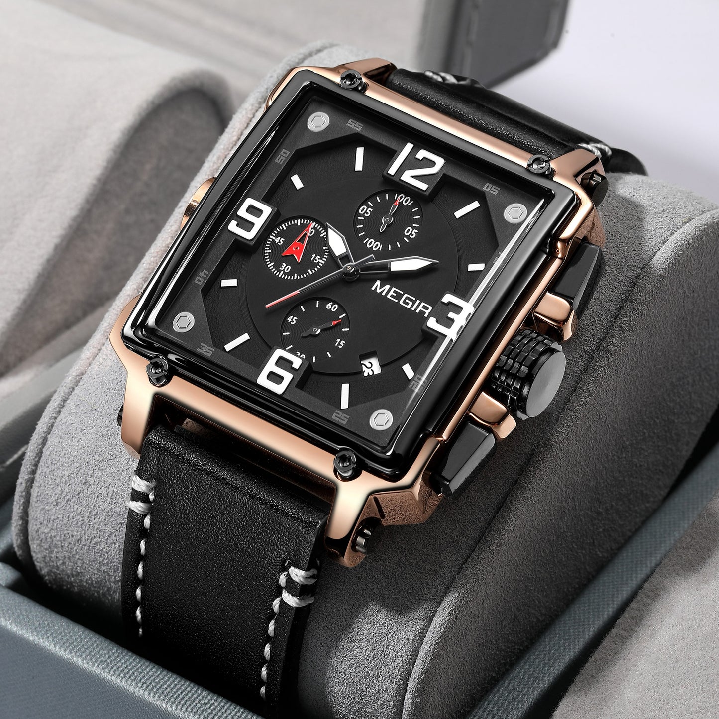 MEGIR reloj analgico con correa de cuero para hombre accesorio de pulsera de cuarzo resistente al agua con crongrafo complemento Masculino deportivo