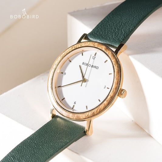 BOBO BIRD-reloj de madera ultrafino para mujer, accesorio de pulsera de cuarzo con movimiento japonés, correa de cuero auténtico, color dorado, 6,5mm