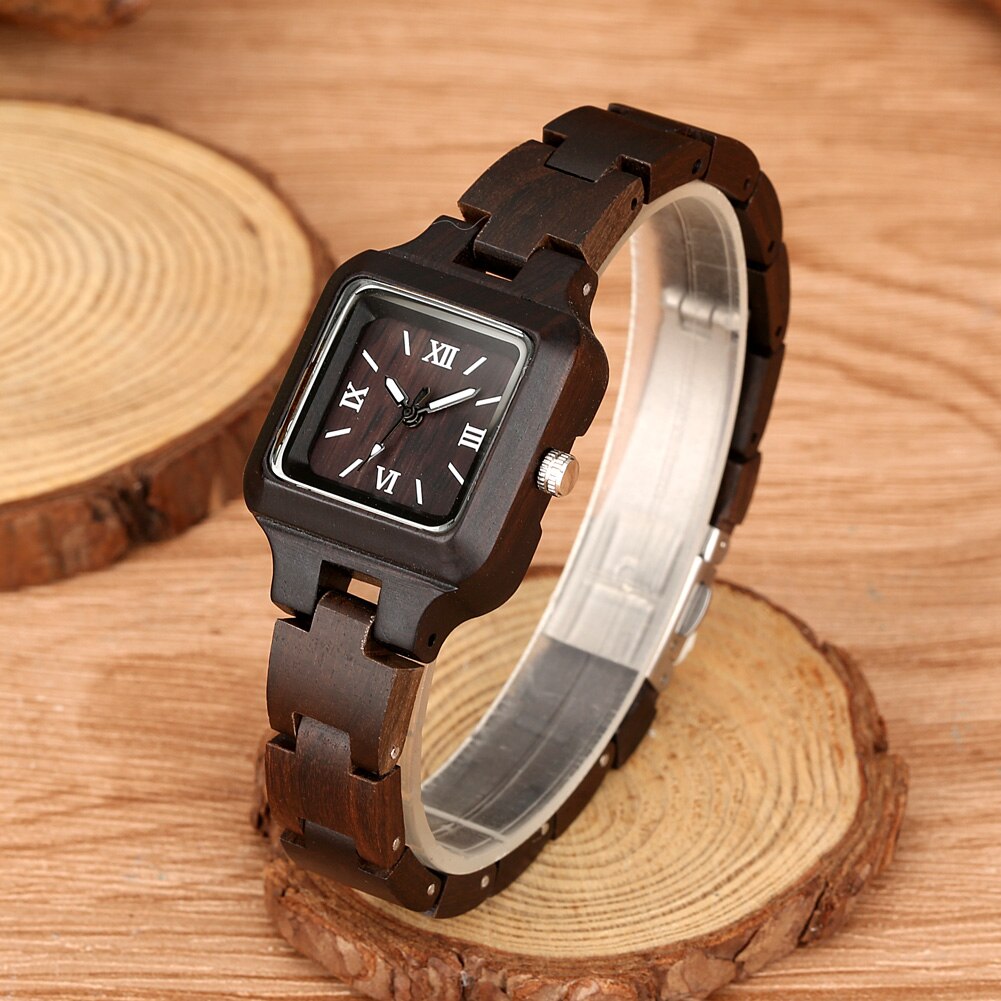 Elegantes relojes cuadrados de ébano para mujer con pulsera de madera vintage, cierre plegable y esfera con números romanos. Regalo perfecto para un estilo sofisticado. ✨🎁🕰️