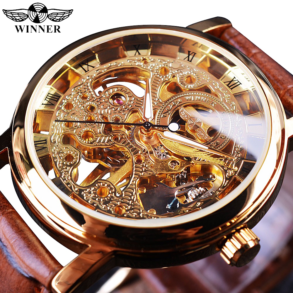 Winner ⌚  impresionante Reloj de Hombre con Caja Dorada Transparente, HERMOSA COLECCION Diseño Casual de Lujo y Correa de Cuero Marrón 🕶️ Reloj Mecánico Esqueleto de Marca Top de Lujo 🌟