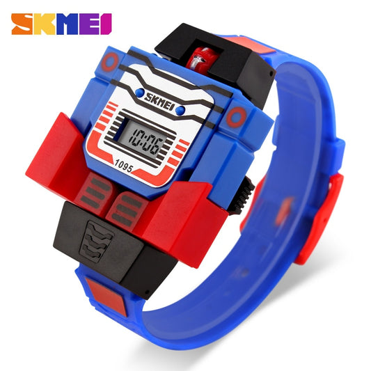 SKMEI para niños con diseño de caricaturas, LED y temática de robots transformables. Perfecto para los niños que les encantan los juguetes de transformación. Ideal para los pequeños entusiastas de los deportes. Modelo 1095 de la marca SKMEI.