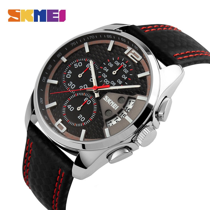 SKMEI Reloj Deportivo de Moda para Hombres, Marca de Lujo, Correa de Cuero, Resistente al Agua 5 Bar, Reloj de Pulsera de Cuarzo, Relogio Masculino 9106.