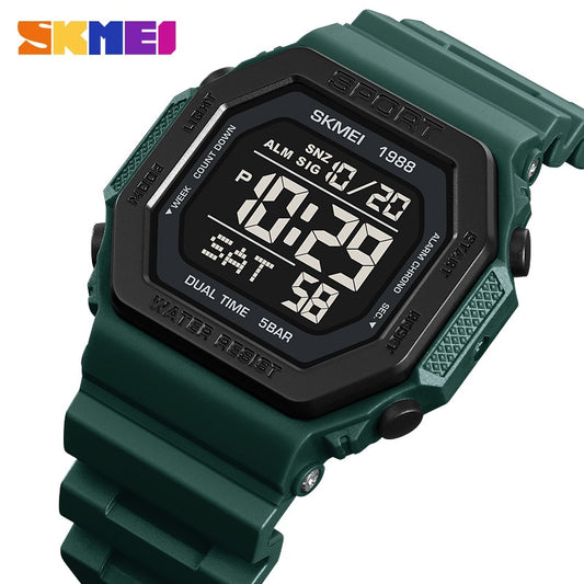 SKMEI Relojes deportivos digitales con luz trasera de moda para hombres, cronógrafo de cuenta atrás militar, resistente al agua 5Bar, reloj despertador.