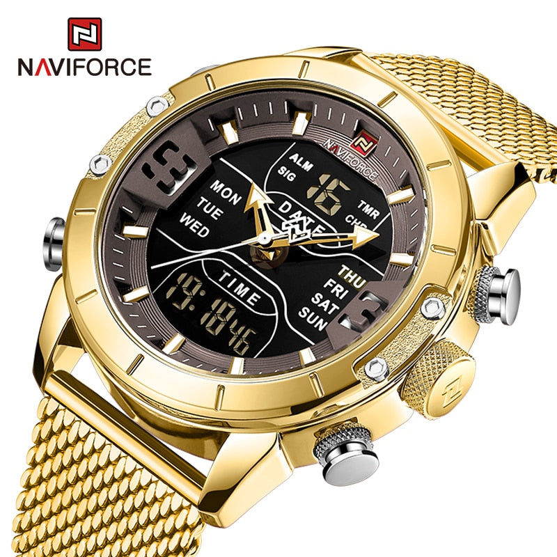 NAVIFORCE – reloj para hombres, cronógrafo de cuarzo, deportivo, militar, digital, LED, de acero inoxidable, masculino