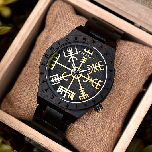 BOBO BIRD- COLECCION RUNA NORDICA  Reloj de pulsera de madera para hombre, cronógrafo de cuarzo con círculo rúnico, timón dorado, Vegvisir, a la moda, gran caja de regalo