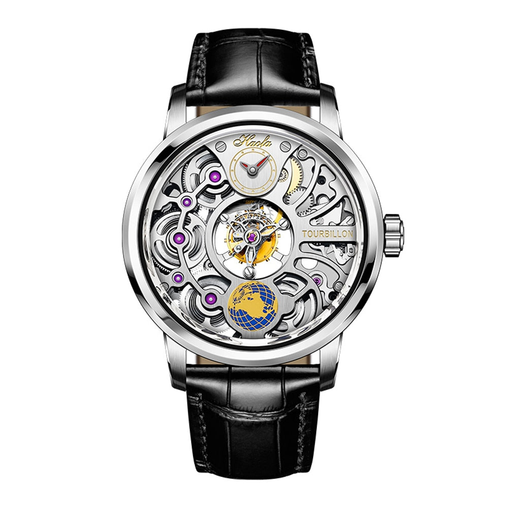 Haofa-Reloj de negocios para hombre, accesorio de pulsera con mecanismo de Tourbillon, doble esqueleto, Manual, 120H de reserva de energía, zafiro, resistente al agua, 1938