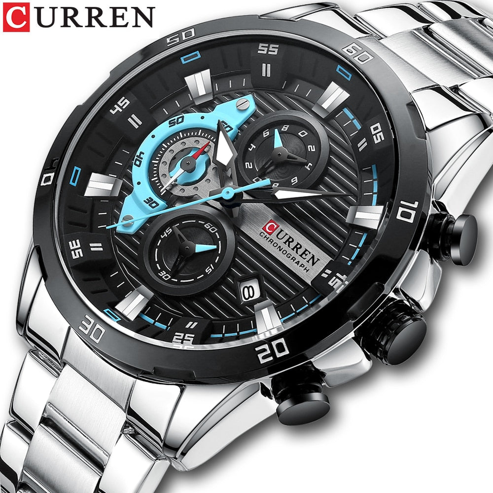 CURREN Sport Watch para hombre, cronógrafo cuarzo, agua resistente, lujo, acero inoxidable, luminoso.