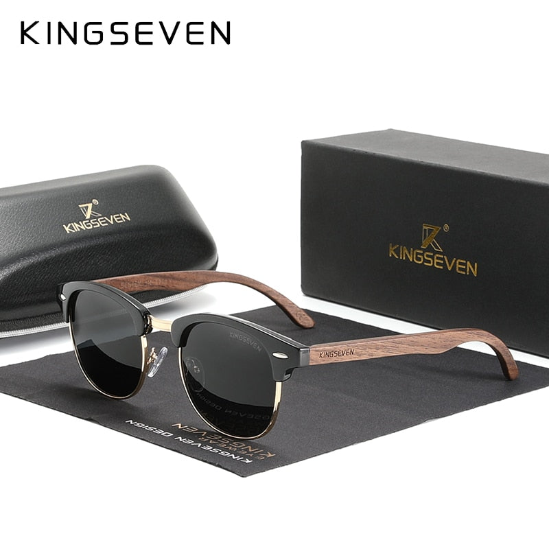 KINGSEVEN 🌳🕶️ Gafas de sol polarizadas hechas a mano para hombre y mujer. Lentes de madera de nogal negro, protección UV400, sin montura, estilo retro para el 2023. 😎🌟