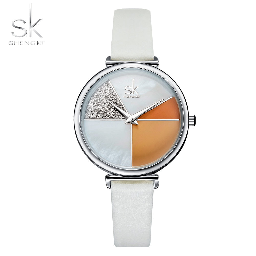 Shengke Reloj para Mujer con Esfera en Forma de Concha, Correa de Cuero, Movimiento de Cuarzo Japonés, Diseño Ultra Delgado, Hebilla, Reloj de Mujer Montre Femme.
