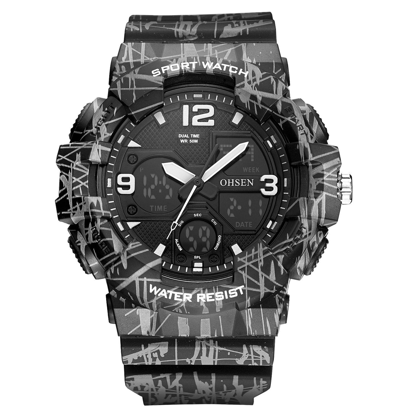 Reloj Digital de cuarzo para hombre crongrafo analgico de silicona resistente al agua de camuflaje color negro -