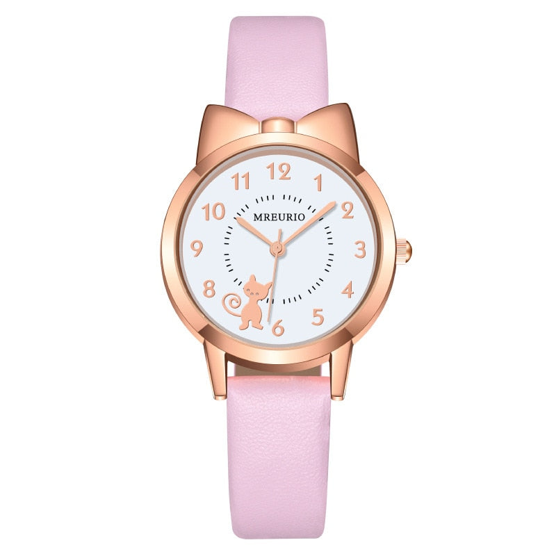 Reloj de cuarzo con correa de cuero para niños, pulsera Digital con lazo de gato bonito.