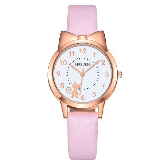 Reloj de cuarzo con correa de cuero para niños, pulsera Digital con lazo de gato bonito.