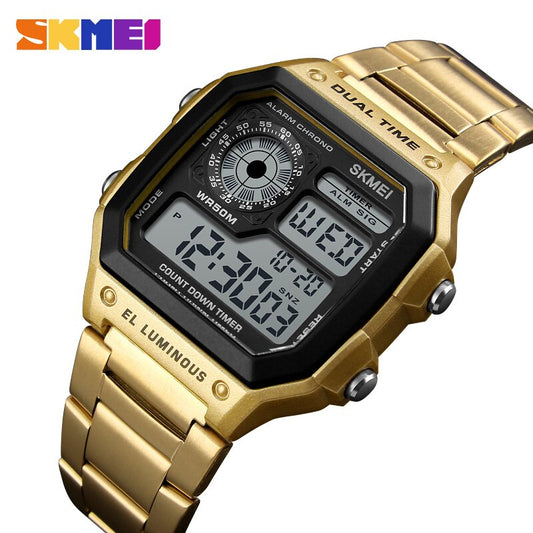 SKMEI ¡Los "Relojes Deportivos SKMEI de Lujo Superior" con correa de acero inoxidable! Resistente al agua 5Bar, luz de fondo y funciones de cuenta regresiva y alarma. ¡Un reloj digital para hombres con estilo y funcionalidad! ⌚💦🔥