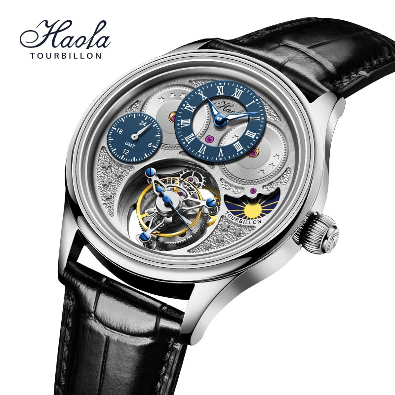 Haofa-reloj mecánico Tourbillon GMT para hombre, cronógrafo de zafiro, Manual, resistente al agua, día y noche