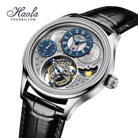 Haofa-reloj mecánico Tourbillon GMT para hombre, cronógrafo de zafiro, Manual, resistente al agua, día y noche