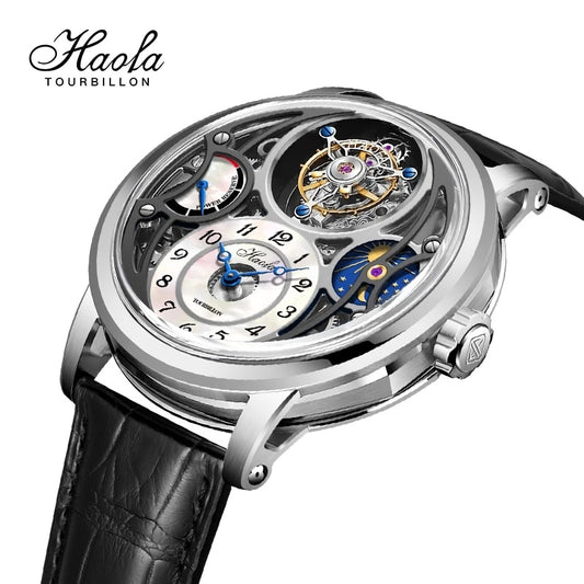 Haofa-reloj mecánico con movimiento Tourbillon para hombre, accesorio masculino de pulsera con mecanismo de Tourbillon y zafiro, complemento de lujo con diseño de Moonphasse